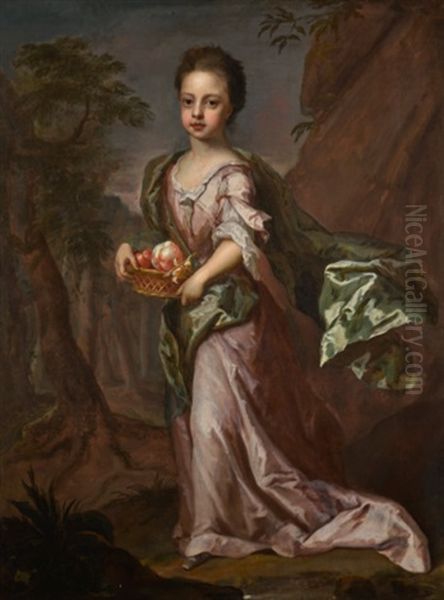 Portrait Of A Girl, Full-length, Wearing A Pink Dress And Green Shawl With A Basket Of Fruit, Standing In A Landscape Oil Painting by Michael Dahl