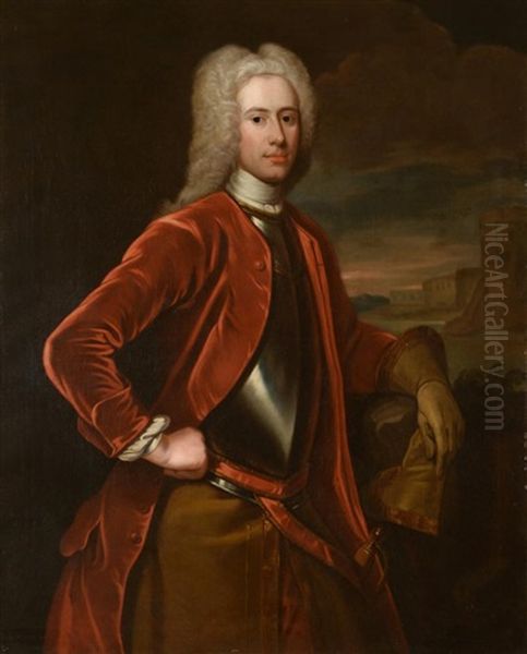 Portrait Of A Gentleman Standing Before A Landscape, Wearing An Armored Breastplate, A Red Velvet Jacket And Powdered Wig, Half Length Oil Painting by Michael Dahl