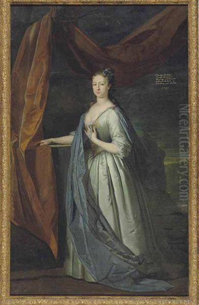 Portrait Of Frederica Susanna Mildmay, Countess Fitz Walter, 3rd Countess Of Mertola, In An Oyster Satin Dress And Blue Cloak, By A Draped Curtain, With A Landscape Beyond Oil Painting by Michael Dahl