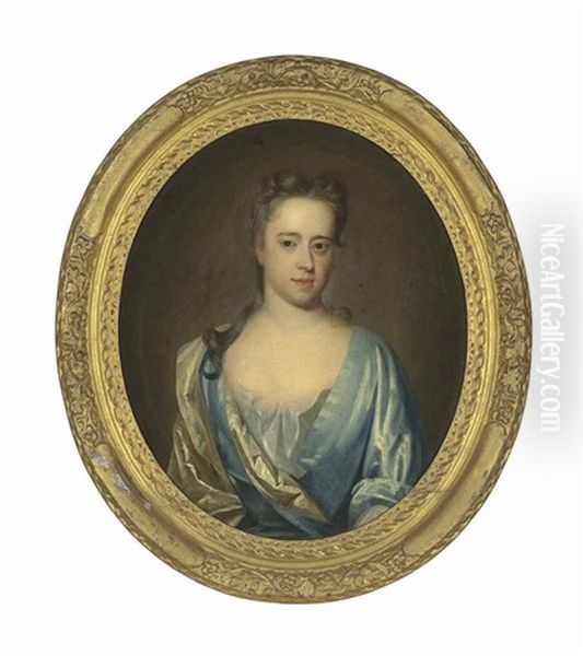 Portrait Of A Lady, Traditionally Identified As A Lady Of The Edwardes Family, Half-length, In A Blue Dress And A Cream Satin Wrap Oil Painting by Michael Dahl