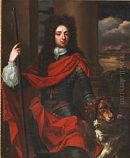 Portrait Of An English Nobleman With A Dog And A Gun In His Right Hand Oil Painting by Michael Dahl