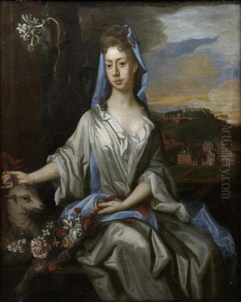 Portrait Of Catherine, First Duchess Of Rutland, Three-quarter-length, In A White Dress And Blue Wrap, Seated With A Lamb Before A Landscape Oil Painting by Michael Dahl