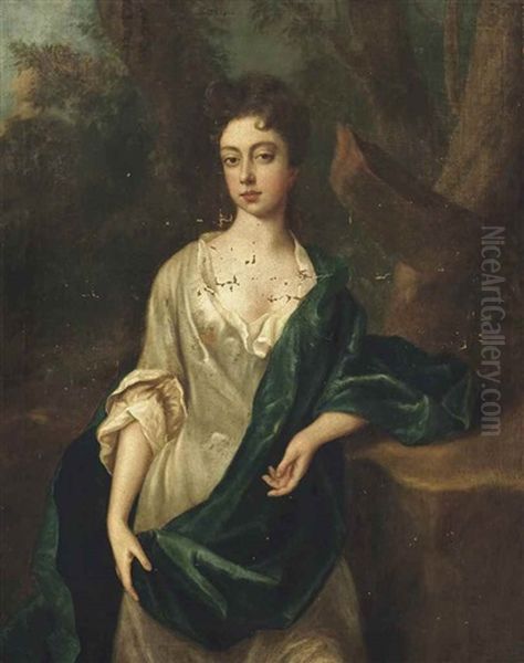 Portrait Of Priscilla Squire (1660-1711), Three-quarter Length, In A White Dress And Green Shawl, A Wooded Landscape Beyond Oil Painting by Michael Dahl