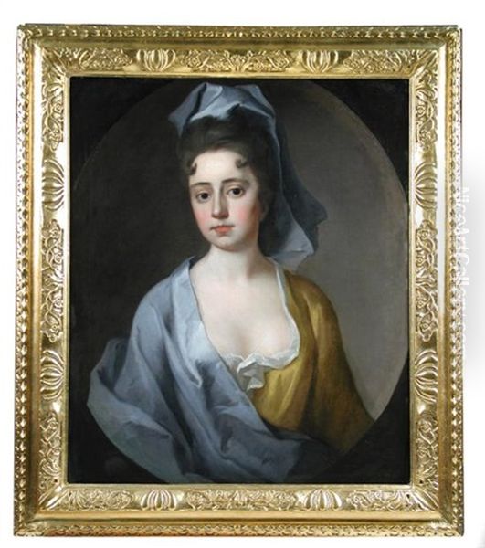 Portrait Of A Lady, Head And Shoulders, In An Ochre Dress And Blue Cloak Oil Painting by Michael Dahl