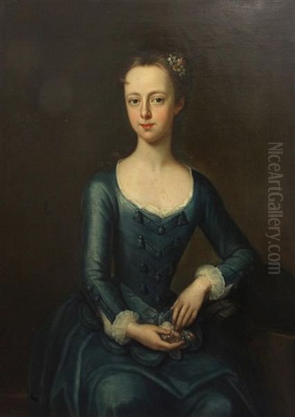 Portrait Of A Lady Seated In A Blue Dress With Flowers In Her Hair Oil Painting by Michael Dahl