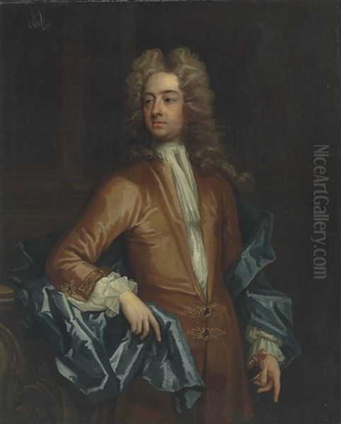 Portrait Of Francis, 2nd Earl Of Godolphin (1678-1766), Three-quarter-length, In A Brown Coat With Jewelled Clasps And A Blue Cloak Oil Painting by Michael Dahl