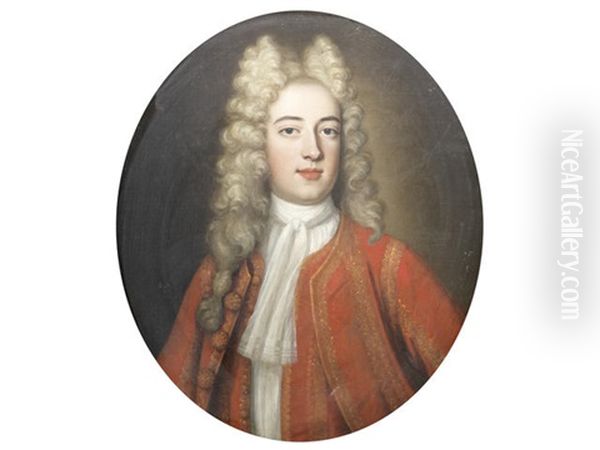 Portrait Of A Gentleman, Bust-length, In A Red Velvet Coat Oil Painting by Michael Dahl