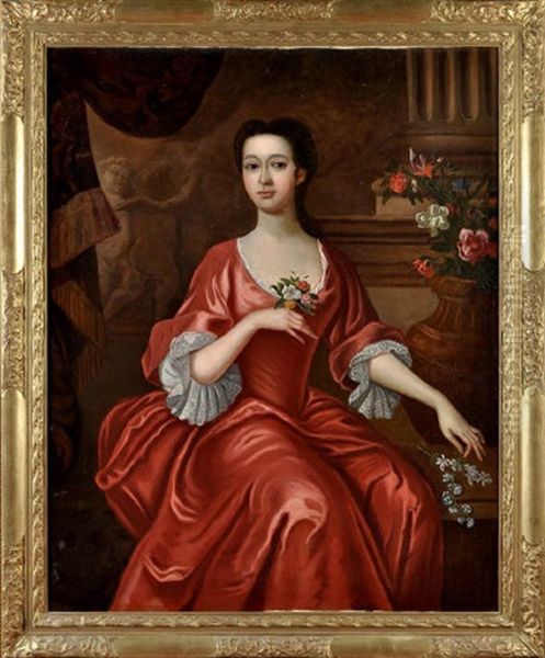 Three-quarter Length Portrait Of A Lady In A Red Lace-trimmed Dress Oil Painting by Michael Dahl