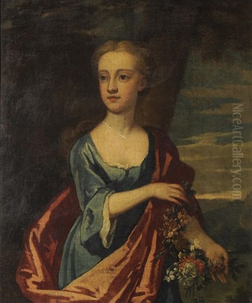 A Three Quarter Length Portrait Of A Young Girl Wearing A Red Satin Sash And Holding A Garland Of Flowers Before A Landscape Oil Painting by Michael Dahl