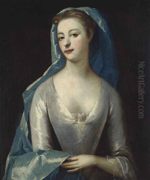 Portrait Of A Lady, Half-length, In An Oyster Satin Dress And A Blue Wrap Oil Painting by Michael Dahl