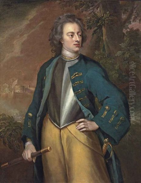 Portrait Of King Carl Xii Of Sweden (1682-1718), Three-quarter-length, In A Green Coat Over A Steel Cuirass, Holding A Commander's Baton Oil Painting by Michael Dahl