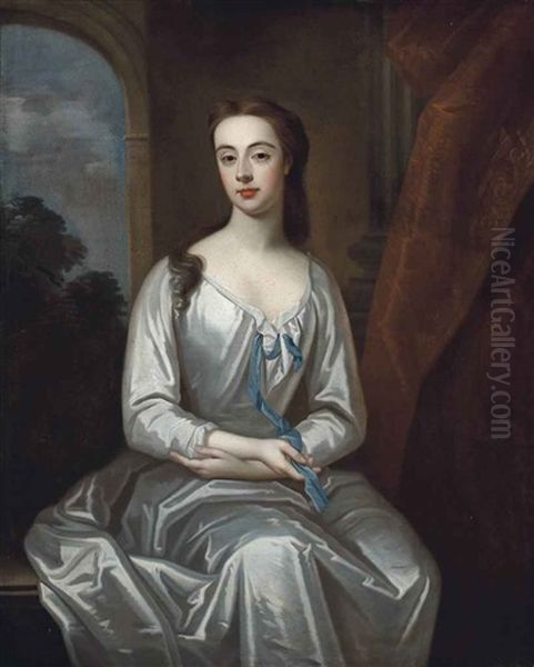 Portrait Of A Lady Traditionally Identified As Rebecca Hele (1670-1710), Later Lady Trelawny, Three-quarter-length, In A White Satin Dress Oil Painting by Michael Dahl