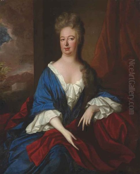 Portrait Of A Lady, Possibly Lady Bagot (1665-1714), Wife Of Sir Edward Bagot, 4th Baronet, Three-quarter-length, In A Blue Dress With A Red Stole... Oil Painting by Michael Dahl