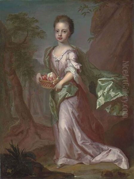 Portrait Of A Girl, Traditionally Identified As Eleonora Leijoncrona, Full-length, In A Pink Dress And Green Shawl, Holding A Basket Oil Painting by Michael Dahl