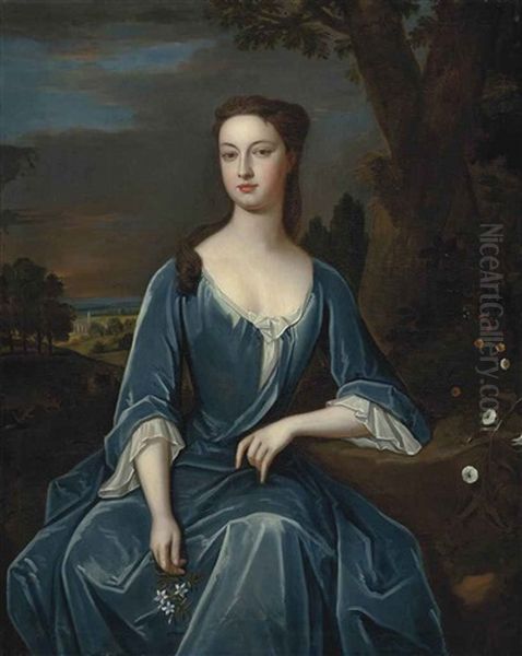 Portrait Of Anne Bethell, Three-quarter-length, In A Blue Dress, Seated In A Landscape, White Flowers In Her Right Hand Oil Painting by Michael Dahl