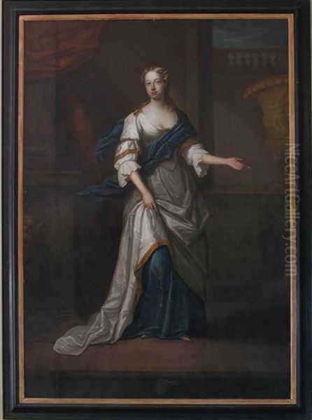 Portrait Of A Lady, Full-length, In An Oyster Satin Dress And Blue Wrap, Standing Beside A Classical Urn Oil Painting by Michael Dahl