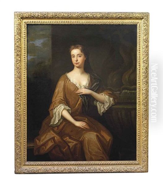 Portrait Of A Lady, Traditionally Identified As Mrs. Grace Butler, Three-quarter-length, In An Ochre Dress, Seated Beside A Fountain, A Landscape Beyond Oil Painting by Michael Dahl