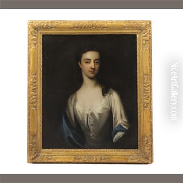 A Portrait Of A Lady Wearing Grey Dress And Blue Shawl, Her Long Hair Over The Shoulder, In A Feigned Oval Oil Painting by Michael Dahl