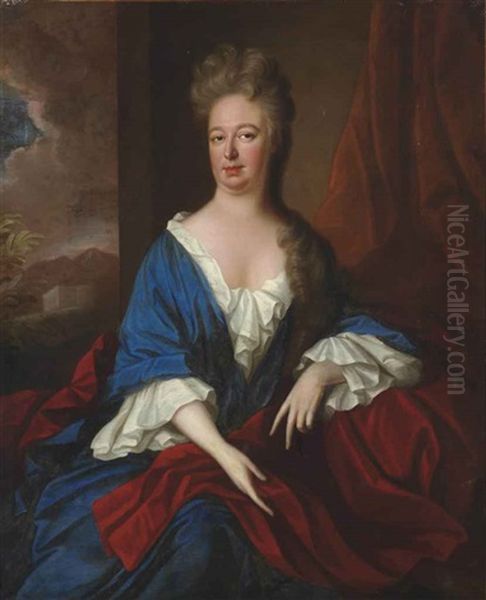 Portrait Of A Lady Lady Bagot (1665-1714), Wife Of Sir Edward Bagot, 4th Baronet?), Three-quarter-length, In A Blue Dress With A Red Stole... Oil Painting by Michael Dahl