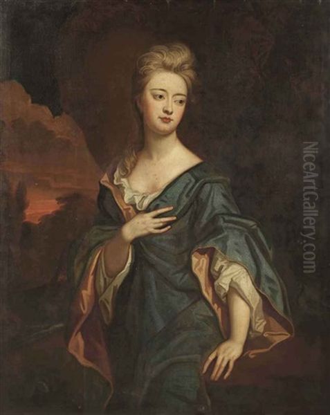 Portrait Of A Lady, Said To Be Lady Mary Bentinck, Countess Of Essex, In A Blue Robe With A White Chemise, Standing In A Grotto With A Waterfall In The Distance Oil Painting by Michael Dahl