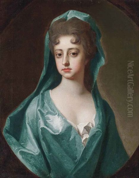 Portrait Of A Lady, Traditionally Identified As Elizabeth Felton, Lady Hervey, In A Blue Dress And Mantle, Feigned Oval Oil Painting by Michael Dahl