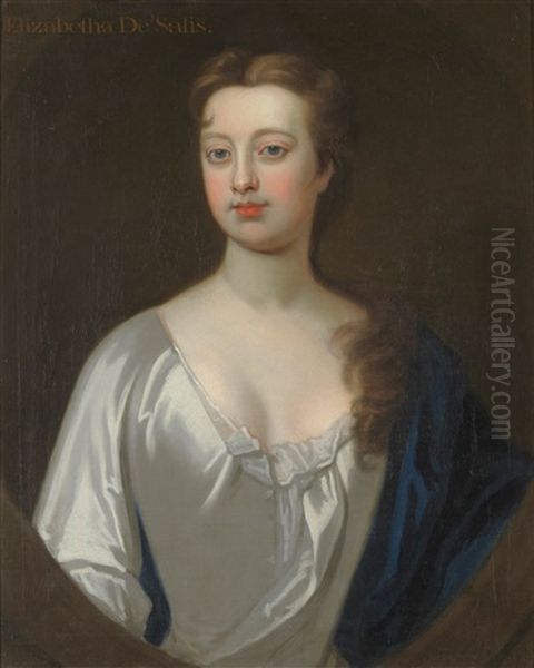 Portrait Of Elizabetha De Salis Wearing A Cream Satin Dress And Blue Cloak Oil Painting by Michael Dahl