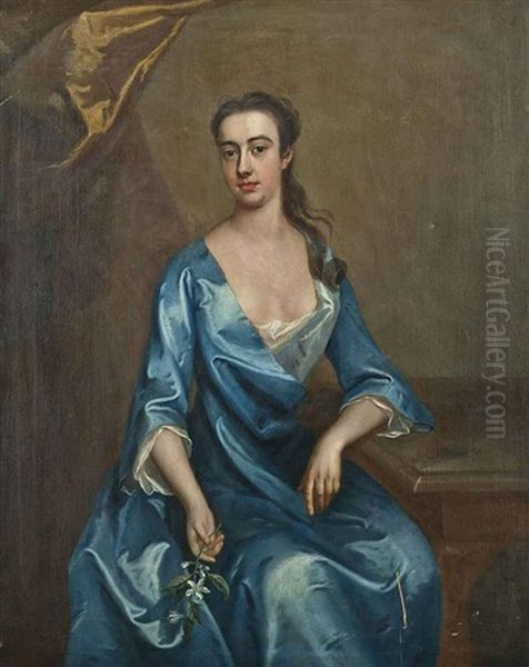 Portrait Of A Lady (miss Shafto?) In A Blue Dress, A Sprig Of Orange Blossom In Her Right Hand Oil Painting by Michael Dahl