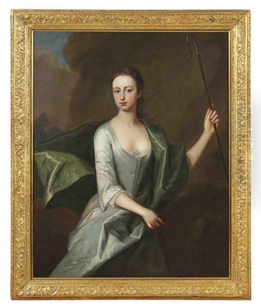 Portrait Of A Lady In A Grey Dress With A Blue Wrap, Holding A Shepherd's Crook by Michael Dahl