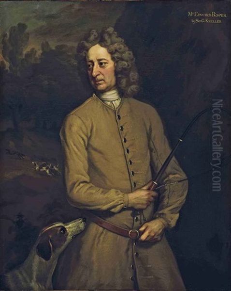 Portrait Of Edward Roper, Master Of The Charlton Hunt, In A Buff Coat, Holding A Whip, With A Hound At His Side And Hounds Pursuing A Fox Beyond Oil Painting by Michael Dahl