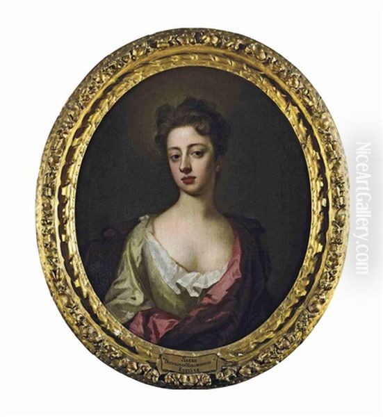 Portrait Of Sarah, Duchess Of Marlborough, In A Green Dress And A Pink Mantle Oil Painting by Michael Dahl