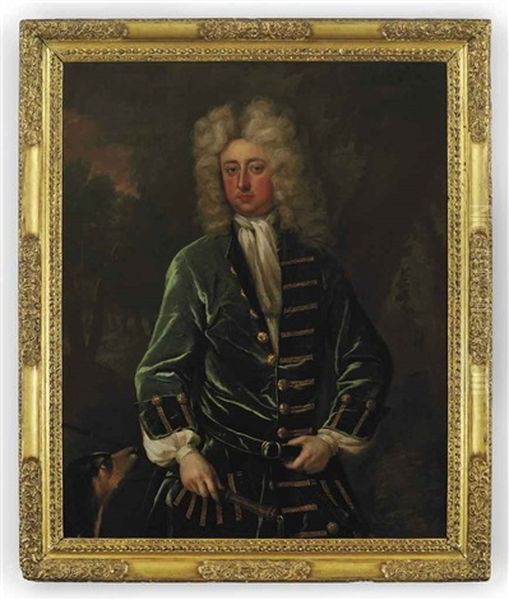 Portrait Of Sir Charles Shuckburgh, 2nd Bt., Master Of The Staghounds To Queen Anne In A Green Coat With Gold Buttons, Holding A Riding Crop With A Dog In... Oil Painting by Michael Dahl