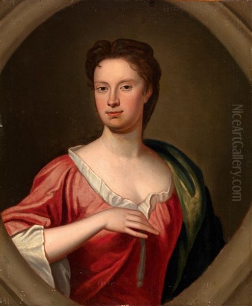 Portrait Of A Lady, In A Red Dress With A Green Wrap On Her Left Shoulder, In A Sculpted Cartouche by Michael Dahl