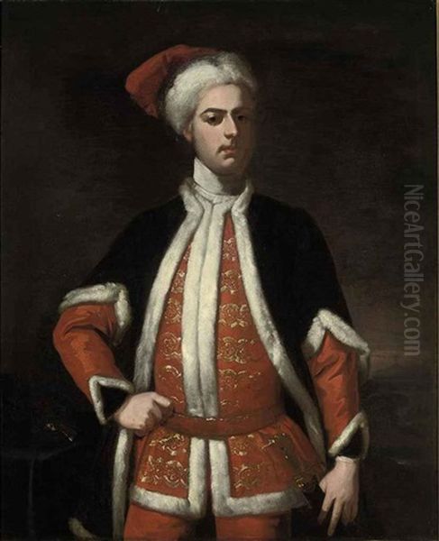 Portrait Of A Gentleman In An Ermine Trimmed Black Coat And Red Cap, A Landscape Beyond Oil Painting by Michael Dahl