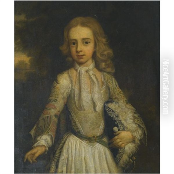 Portrait Of A Young Boy, Holding A Feathered Tricorn Hat Oil Painting by Michael Dahl