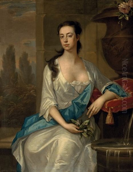 Portrait Of Mary Parker, Wife Of Daniel Dering, By A Fountain Oil Painting by Michael Dahl