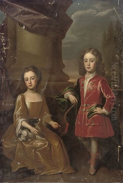 Double Portrait Of Dudley North, With His Sister Anne, The Former In A Red Velvet Coat, The Latter Seated In A Yellow Dress Oil Painting by Michael Dahl