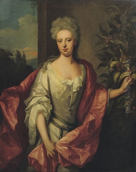 Portrait Of A Lady (countess Of Gallway?) In A White Dress And Red Wrap, Standing In Front Of A Wall Picking Fruit Oil Painting by Michael Dahl