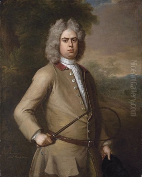 Portrait Of John Sutton In A Landscape, Wearing A Buff Coat And Holding A Riding Crop And Hat Oil Painting by Michael Dahl