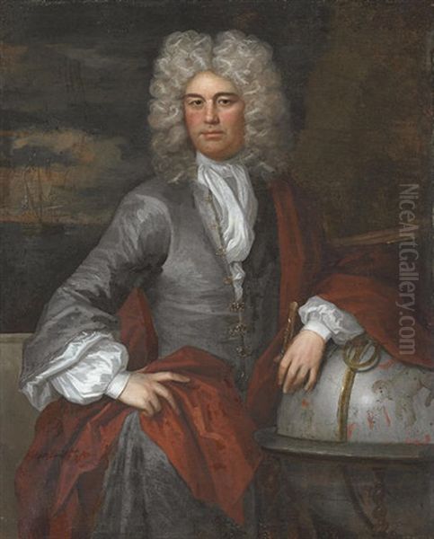 Portrait Of An Admiral In A Blue Coat With A Red Mantle, His Left Arm Resting On A Heavenly Globe Oil Painting by Michael Dahl