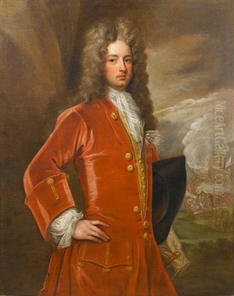 Portrait Of A Gentleman, Standing In A Red Coat With A White Lace Jabot And A Gold Waistcoat, A Tricorn Hat Under His Arm, A Cavalry Skirmish Beyond Oil Painting by Michael Dahl