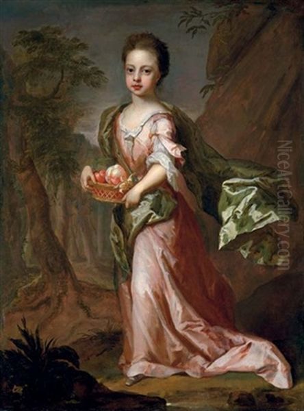 Portrait Of A Young Girl (eleonora Leijoncrona?) In A Pink Dress, An Extensive Landscape Beyond Oil Painting by Michael Dahl