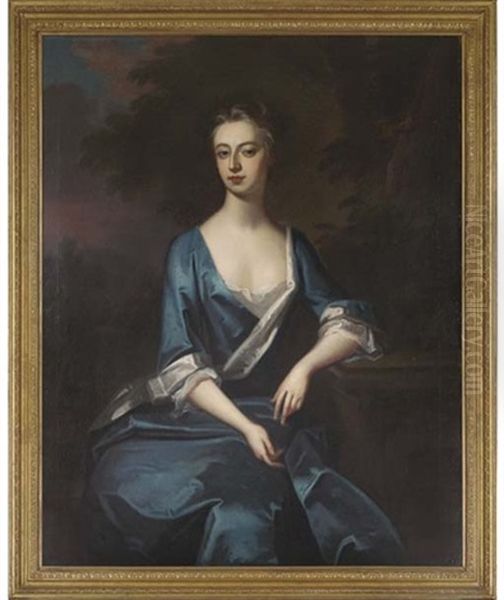 Portrait Of Harriet, Duchess Of Manchester In A Blue And White Lined Dress, Her Left Arm Resting On A Plinth In A Landscape Oil Painting by Michael Dahl