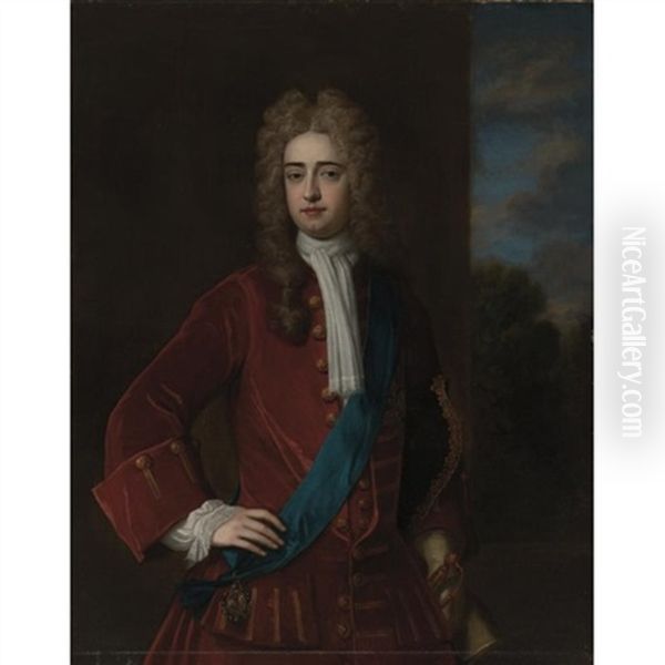 Portrait Of A Gentleman Wearing A Red Jacket With A Blue Sash Oil Painting by Michael Dahl