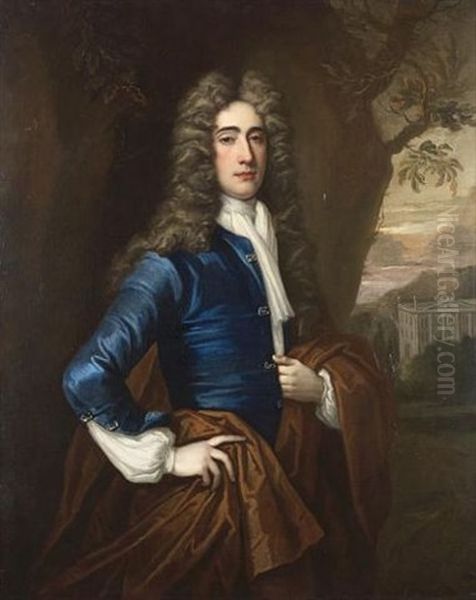 Portrait Of A Gentleman, Standing Three-quarter-length, In A Blue Coat And Gold Wrap, A Wooded Landscape And Country House Beyond Oil Painting by Michael Dahl