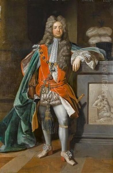 Portrait Of Charles Montagu, 1st Earl Of Halifax, Standing Full-length, In The Robes Of The Order Of The Garter Oil Painting by Michael Dahl