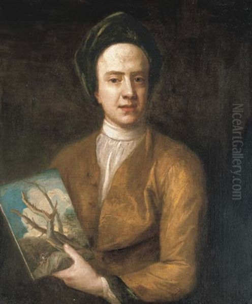 Portrait Of An Artist (joseph Goupy?), Half-length, Holding A Landscape Painting In The Style Of Salvator Rosa Oil Painting by Michael Dahl