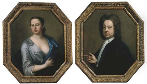 Portrait Of The Artist Hugh Howard, Half-length, In A Dark Coat (+ Portrait Of His Wife Thomasine Howard, Half-length, In A Blue Dress And Wrap; Pair) Oil Painting by Michael Dahl