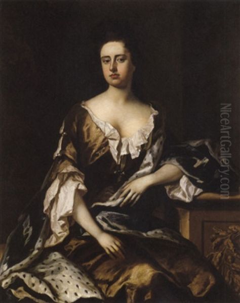 Portrait Of Queen Anne Wearing A Brown Gown With An Ermine Trimmed Blue Cloak Oil Painting by Michael Dahl