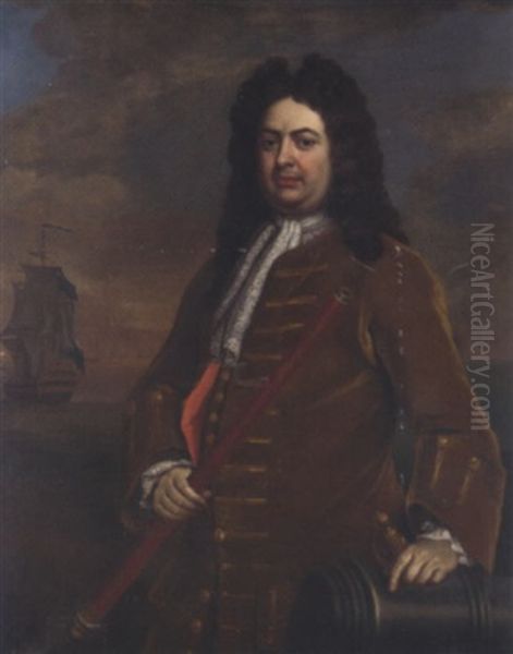 Portrait Of Admiral Sir Thomas Hardy With A Telescope In His Right Hand, His Left Hand Resting On A Cannon, His Ship Beyond Oil Painting by Michael Dahl