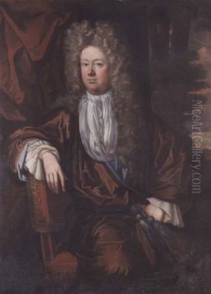 Portrait Of A Gentleman In A Russet-coloured Robe And White Cravat, Before A Curtain, A View To A Landscape Beyond Oil Painting by Michael Dahl